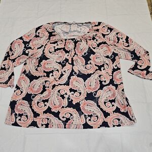Croft & Barrow Black w Pink White Paisley top Sz  2X. Elastic Neck